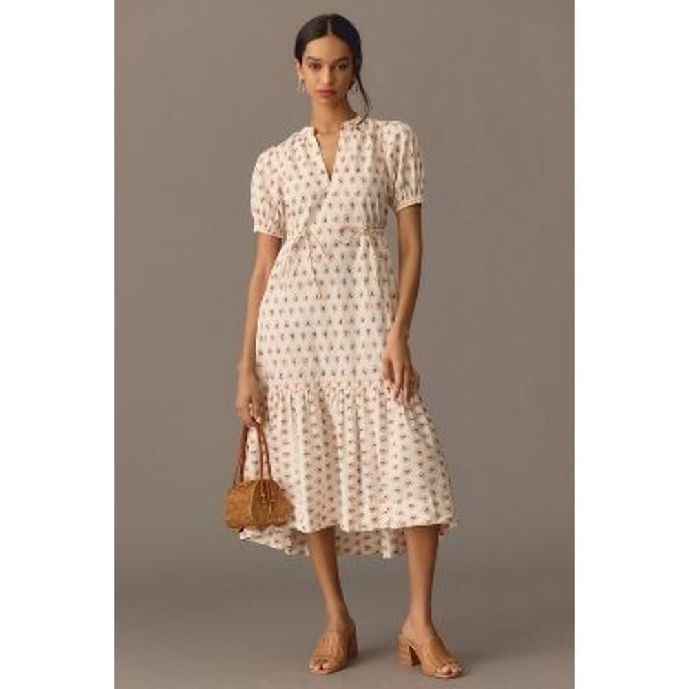 New By Anthropologie Printed Puff-Sleeve Dress $160 X-SMALL Neutral Motif